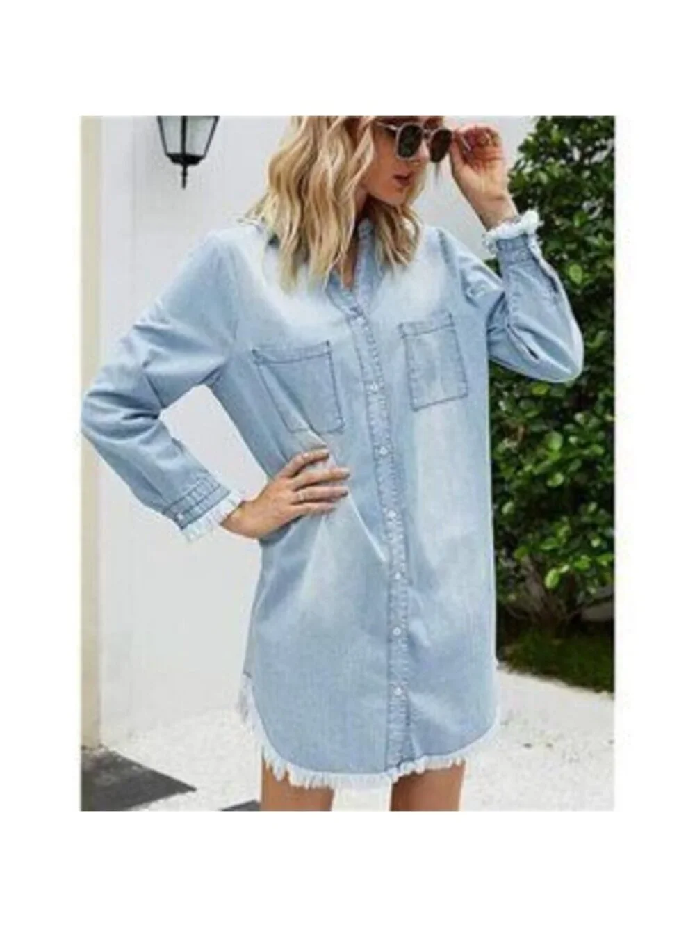 Women's Denim Shirt Dress Long Sleeve Distressed Jean Dress Tunic Top - Picture 2 of 4